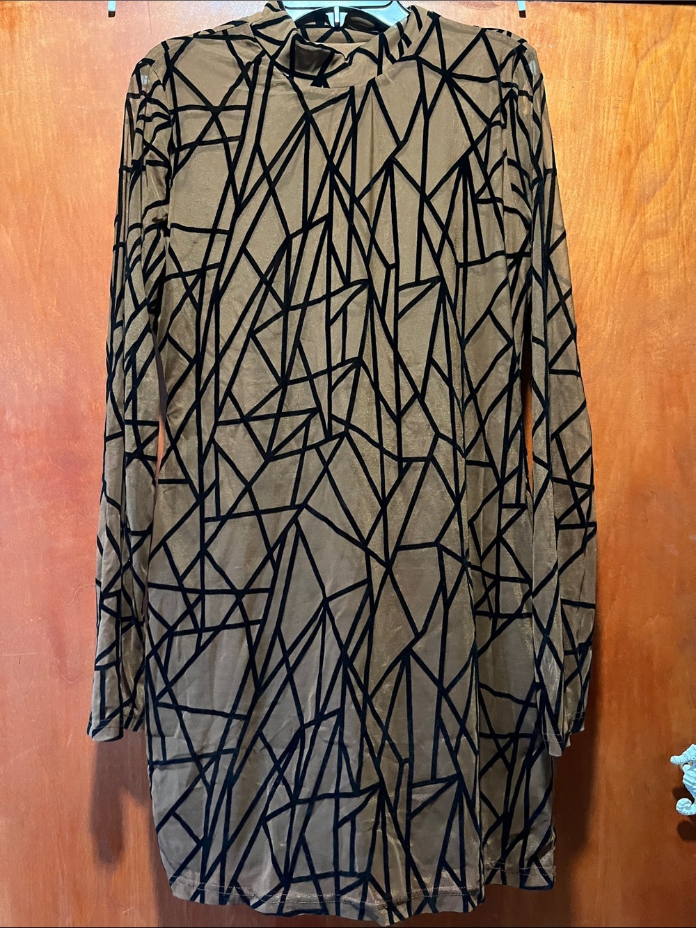SHEIN Brown Long Sleeve Dress with Black Geometric Print